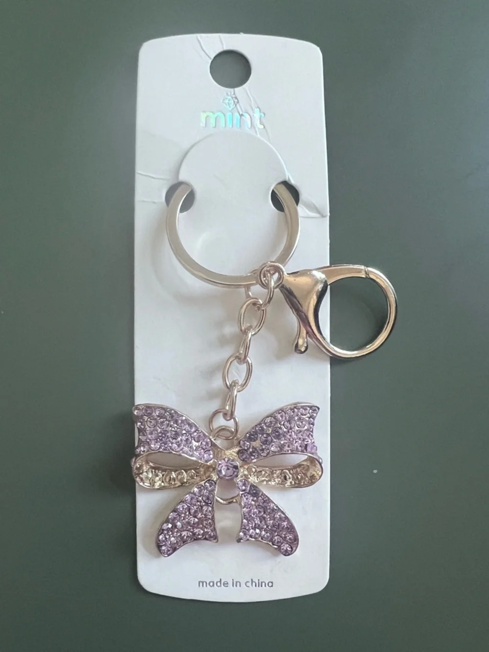 Mint Crystal Bow Keychain Bag Charm Pinkish-Purple with Silver Hardware